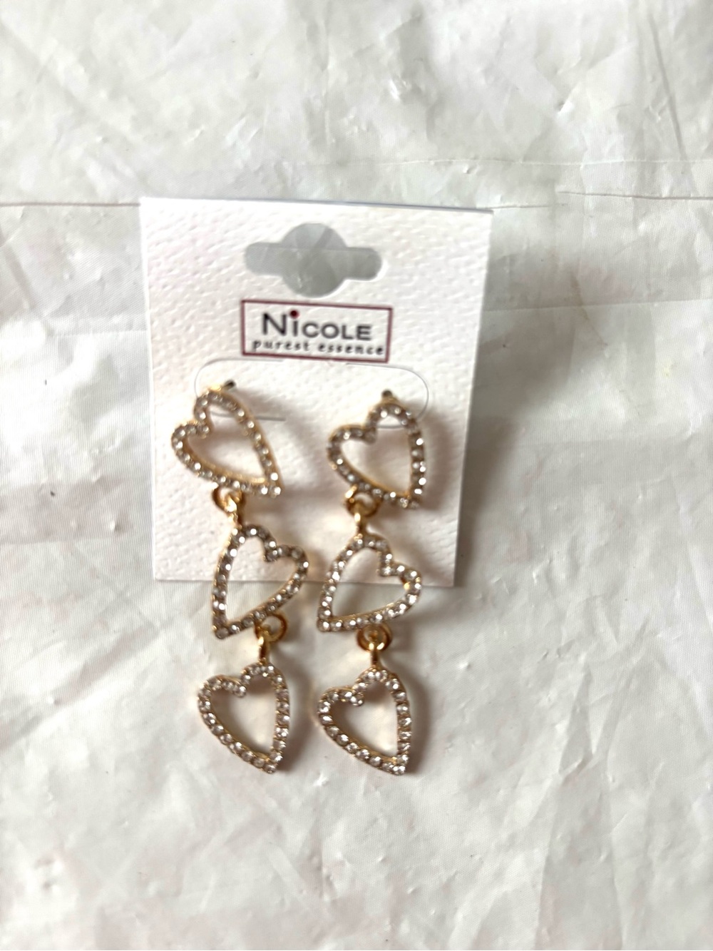 NWT Nicole Gold Crystal Heart Drop Earrings Pierced